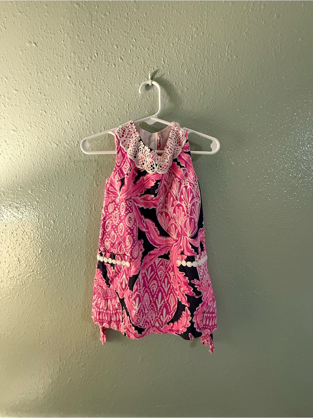 Lilly Pulitzer Pink and Navy Paisley Sleeveless Dress with Lace Neck